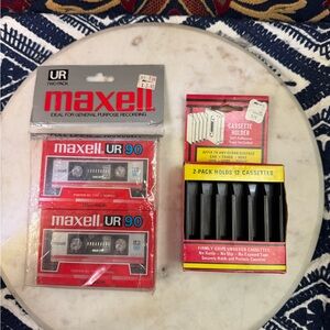 2 Blank Maxell gen. Recording Cassettes w/ 12 tape holder w/adhesive.